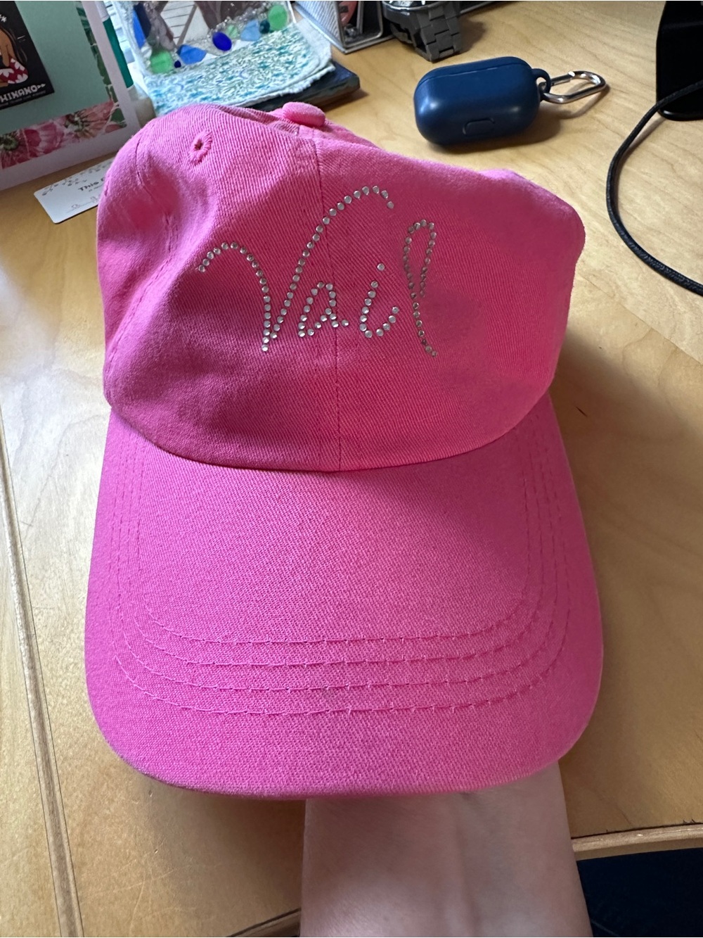 Pink Baseball Cap with Rhinestone 'Vail' Script -Accessories